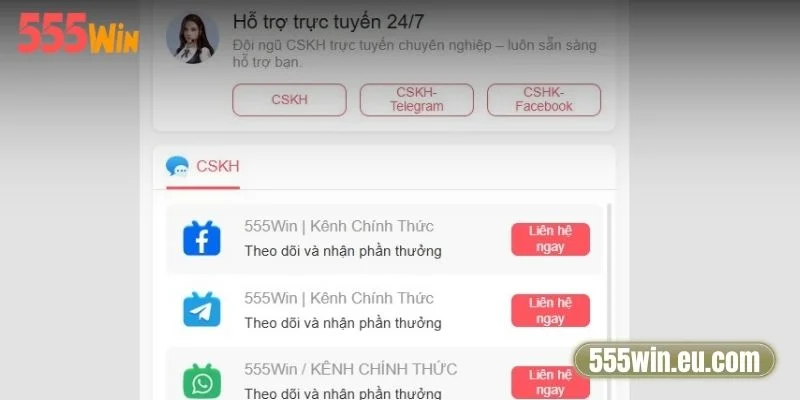 Các kênh liên hệ nhà cái 555Win.eu.com hiện nay